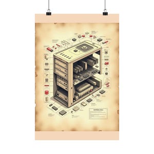 May include: A beige poster featuring an isometric technical diagram of a computer tower with various internal components and external peripherals labeled. The background has a vintage, aged paper appearance with dark, weathered edges.