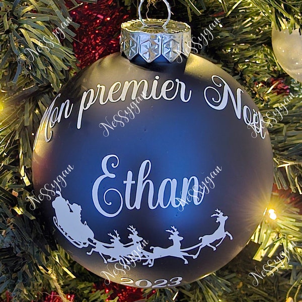 Boule de Noël bleue 10 cm personnalisée en verre mon premier Noël avec prénom - décoration pour sapin