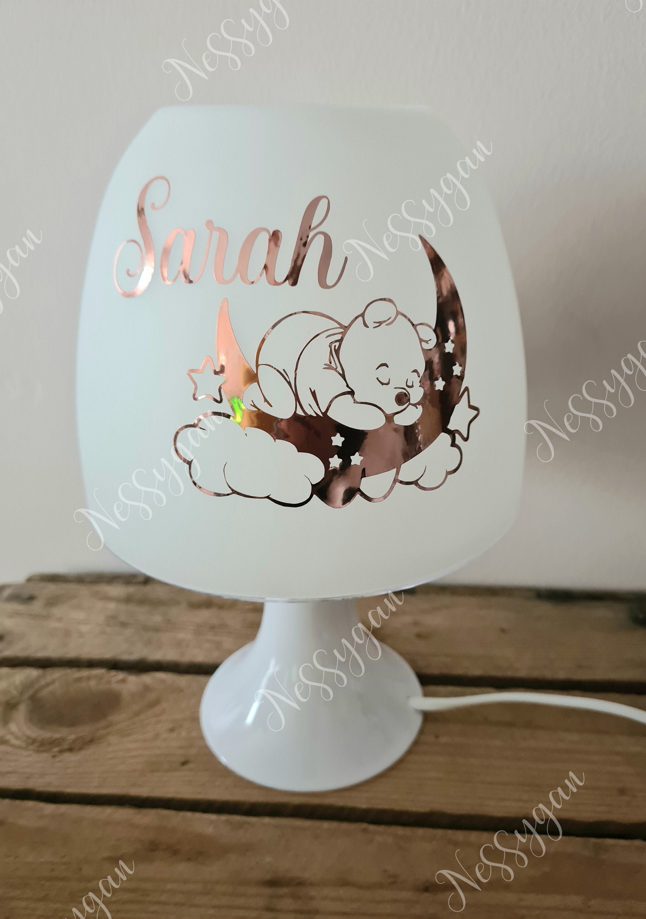 Lampe Personnalisée Pour Enfant avec Prénom Thème Ourson Rose Gold - Cadeau de Naissance, Noël, Anni