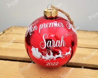 Boule de Noël rouge 10cm personnalisée en verre mon premier Noël avec prénom - décoration pour sapin