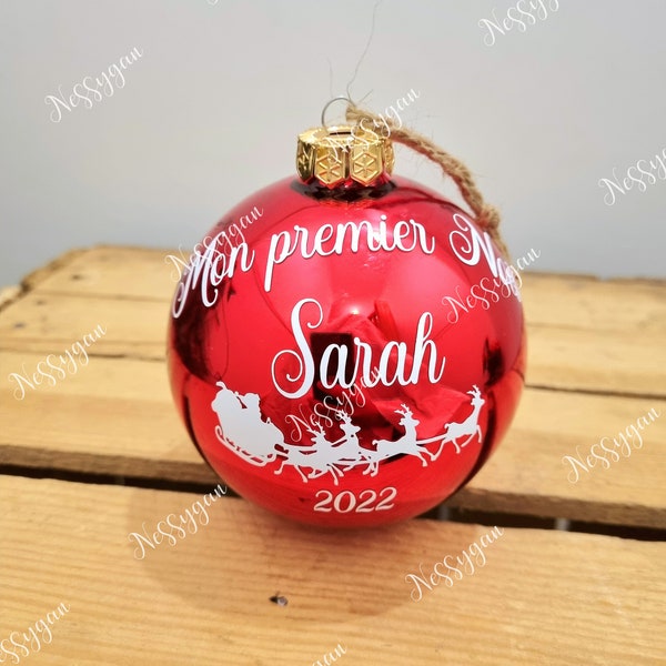 Boule de Noël rouge 10cm personnalisée en verre mon premier Noël avec prénom - décoration pour sapin