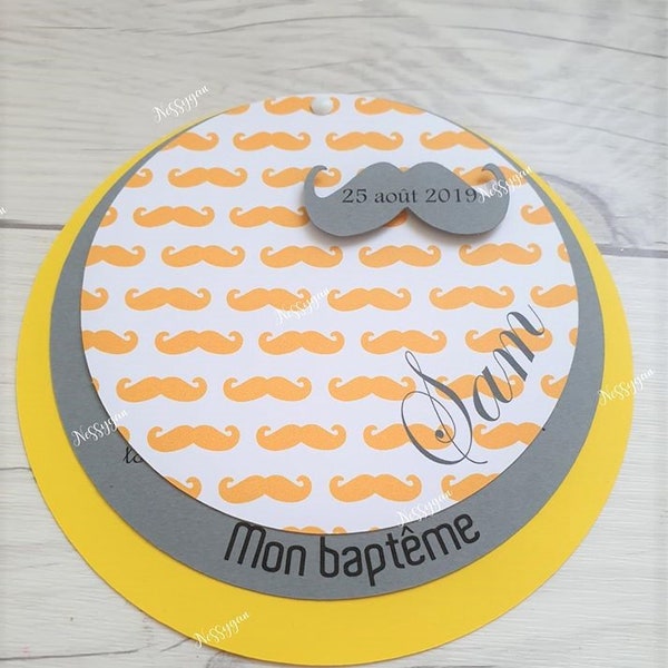 Faire-part baptême personnalisé prénom thème moustache jaune et gris - invitation baptême