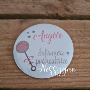 Personalized round badge with rattle for Nurse - Nursing assistant, midwife, childcare assistant