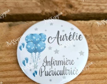 Badge rond personnalisé "ballons & petons" pour Infirmière - Aide-soignante, sage-femme, auxiliaire puéricultrice