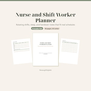 Può includere: Un pianificatore per infermieri e turnisti in formato PDF stampabile da 30 pagine in formato US Letter. Il documento presenta una copertina centrale, un programma dei turni e un tracker del sonno su sfondo beige chiaro.