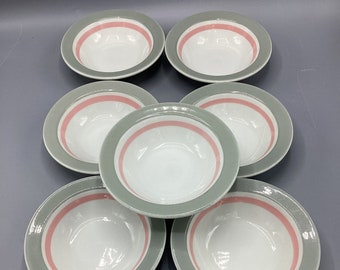 Shenango China USA Restaurant Coral Grey Pattern-1950s-RimRol WelRoc - Set of 6 Oatmeal Bowls - Shipping Included