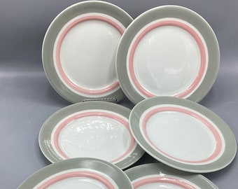 Shenango China USA Restaurant Coral Grey Pattern-1950s-RimRol WelRoc - Set of 6 Dinner Plates - Shipping Included