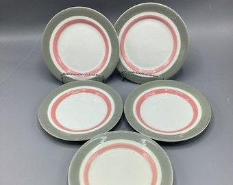 Shenango China USA Restaurant Coral Grey Pattern-1950s-RimRol WelRoc - Set of 5 Bread and Butter Plates - Shipping Included