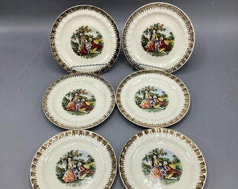 Cronin China - Courting Couple Gold Filigree Plates - Set of 6 Bread and Butter Plates - Shipping Included