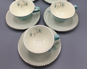 Set of 4 Taylor Smith Taylor Mid Century Modern Blue Lace Cups and 4 Saucers-2 Sets Available-Shipping Included