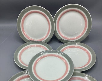 Shenango China USA Restaurant Coral Grey Pattern-1950s-RimRol WelRoc - Set of 7 Salad Dessert Plates - Shipping Included