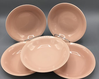 Homer Laughlin - Jubilee Shape - Shell Pink Undecorated Mid Century - Set of 5 Coupe Soup Bowls - 1950s - Shipping Included