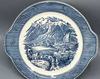 Royal China - Currier and Ives - Blue Pattern Rocky Mountains Scene - Handled Cake Plate - Shipping Included