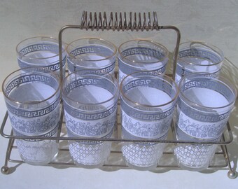 Jeannette Glass - Blue and White with Gold Rims - Patrician Pattern Glass Tumblers - Set of 8 and Brass Carrier