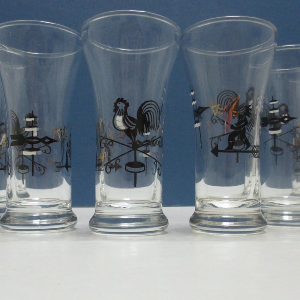 Libbey Vintage Glass - Double Shot Glasses with Weather Vanes Rooster Black and Gold Arrows - Set of 6 - Shipping Included