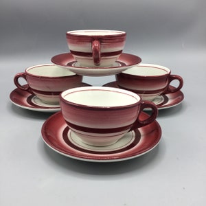 Mayer China Restaurant Ware Diner - Red Fade Out with Maroon Bands - Set of 4 Cups and Saucers - 1950s - Shipping Included