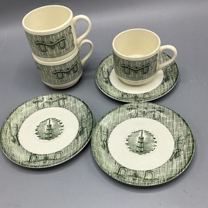 Scio China - Green Currier and Ives Pattern - Stacking Mugs with Saucers - Green Ox Yoke Plow Butter Churn - Set of 3 - Shipping Included