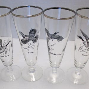 Federal Glass - Large Tall Pilsner Glasses - Game Birds with Silver Rims - Set of 4 - Shipping Included