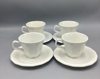 Homer Laughlin China Dover Shape Colonial White Pattern-Set of 4 Cups and 4 Saucers - Shipping Included