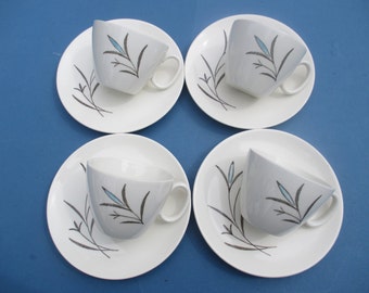 Royal USA  China - Ballet Pattern - Aqua and Black Flowers - Set of 4 Cups and Saucers - 1950s - Shipping Included