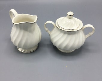 HLC - Arcadia Pattern - Scalloped Edge Fluted Swirl Platinum Laurel - Victoria Shape V100 - Creamer and Sugar with Lid Set - Shipping Inc