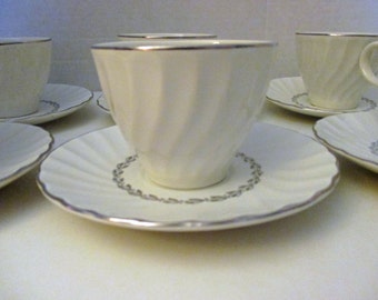 HLC - Arcadia Pattern - Scalloped Edge Fluted Swirl Platinum Laurel Victoria V100 - Cup & Saucer Set of 4 (4 sets available) - Shipping Inc