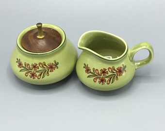 Taylor Smith Taylor Design 70 Shape - Bonnie Green Rooster Pattern - Creamer and Sugar with Wood Lid & Brass Finial Set - Shipping Included