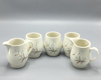 Syracuse China Carefree Finesse Brown Buds and Grey Leaves Aqua Floral - Set of 3 Tumblers and 2 Creamers - Shipping Included