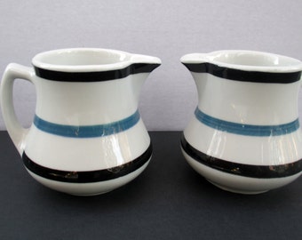 Shenango China Restaurant Ware - Only One Individual Creamer with Black and Blue Stripes on White -  1970s (Shipping Included)