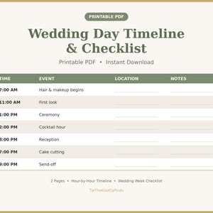 Puede incluir: Un documento PDF imprimible de cronograma y lista de verificación para el día de la boda, con una tabla que incluye columnas para hora, evento, ubicación y notas. Enumera eventos programados desde las 7:00 hasta las 21:00, incluyendo recepción.