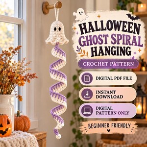 May include: A crochet ghost spiral hanging with a cream-colored ghost head and a purple and white striped spiral tail. Text reads: HALLOWEEN GHOST SPIRAL HANGING, CROCHET PATTERN, DIGITAL PDF FILE, INSTANT DOWNLOAD, DIGITAL PATTERN ONLY, BEGINNER FRIENDLY.