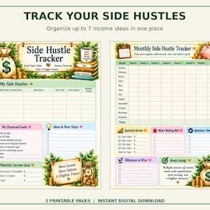 Side Hustle Tracker Printable, Multiple Income Streams Planner, Monthly Earnings Tracker, Financial Goals Worksheet, 2 Page PDF Download