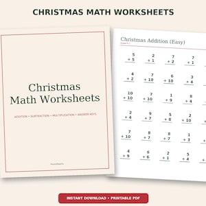 Może przedstawiać: Zestaw świątecznych arkuszy zadań z matematyki z okładką o tytule Christmas Math Worksheets oraz drugą stroną zatytułowaną Christmas Addition (Easy), zawierającą siatkę prostych zadań z dodawania.