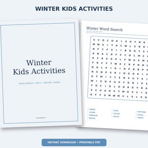 May include: A printable activity set titled Winter Kids Activities featuring a cover page and a Winter Word Search page. The word search includes a grid of letters and a list of winter-themed words to find, such as snow, scarf, and sled.