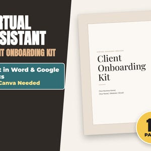 Può includere: Un modello di documento digitale intitolato Virtual Assistant Client Onboarding Kit, composto da 12 pagine. Il testo include Edit in Word & Google Docs, No Canva Needed e segnaposti per nome dell'azienda, nome, sito web e indirizzo e-mail.