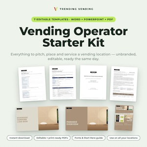 Kit de démarrage pour distributeur automatique | 7 modèles modifiables : contrat d’implantation, manuel des procédures opérationnelles standard, présentation commerciale, proposition commerciale, catalogue, dépliant