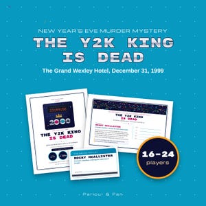 Op de afbeelding: Een oudejaarsavond moordmysterie spelset getiteld The Y2K King Is Dead, die zich afspeelt in The Grand Wexley Hotel op 31 december 1999. De set bevat gedrukte spelmaterialen, karakterkaarten voor 16-24 spelers en instructiegidsen.