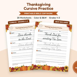 Thanksgiving Cursive Practice Grades 1-3, Beginner Cursive Writing Worksheets, Bible Verse Copywork, Christian Homeschool Printable