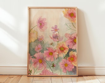 Sunset Cosmos Art Print, Pink Floral Watercolor, Cottage Garden Wall Art