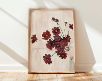 Chocolate Cosmos Watercolor Print, Cream Botanical Wall Art, Vintage Floral Painting