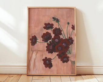 Chocolate Cosmos Watercolor Print | Moody Floral Wall Art | Botanical Flower Painting, Archival Fine Art Print