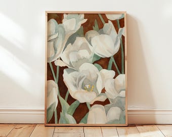 White Tulips Watercolor Painting, Floral Art Print