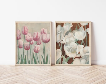 Pair of Tulip Watercolor Prints, Spring Floral Paintings
