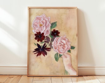 Blush Rose and Burgundy Cosmos Watercolor Art Print, Vintage Floral Bouquet