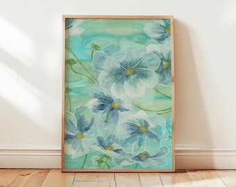 Blue Cosmos Watercolor Print – Soft Teal Floral Botanical Wall Art