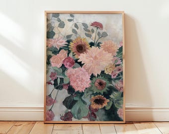 Floral Watercolor Print – Dahlia & Sunflower Bouquet, Soft Romantic Garden Flowers, Botanical Wall Art