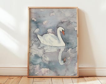 Watercolor Swan Art Print, Moody Water Painting (8x10)