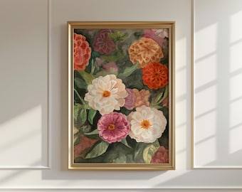 Zinnias Watercolor Painting, Floral Art Print