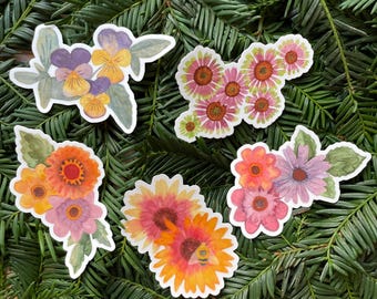 Watercolor Flower Sticker Set, Floral Laptop Decals (Set of 5)