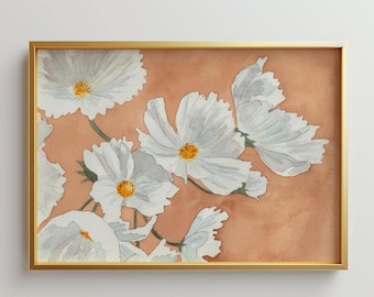 White Cosmos Watercolor Painting, Art Print